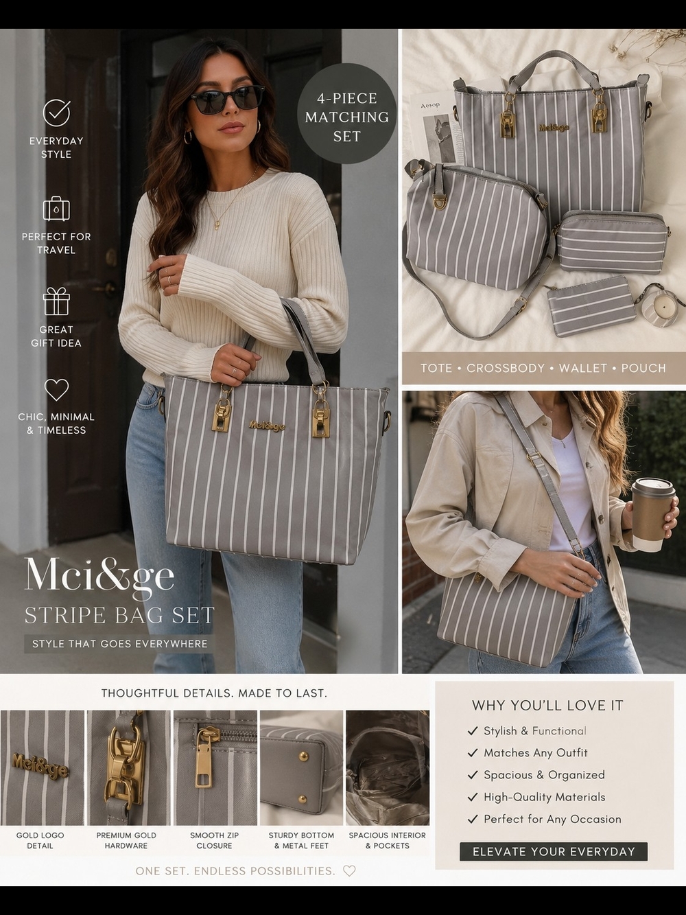 🚨 Mci&ge Gray Stripe 4-Piece Tote & Crossbody Bag Set 🚨